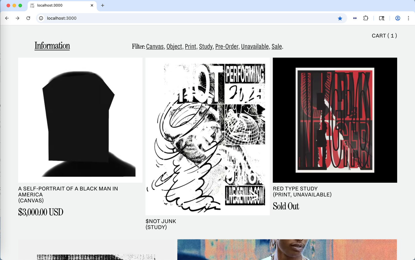 website showing products like shirts and posters