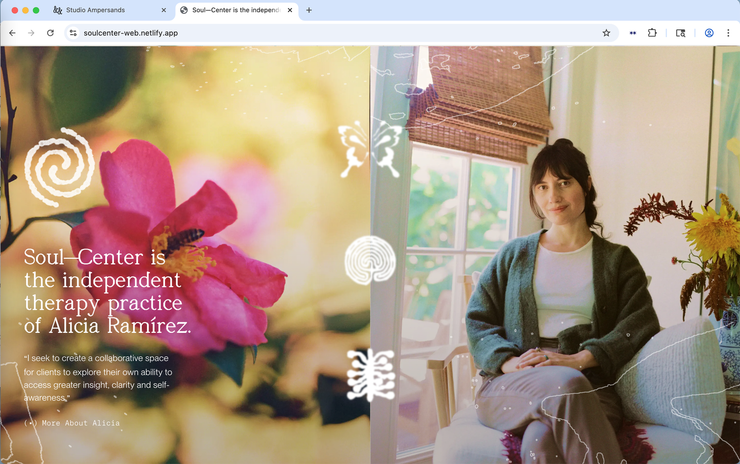 website showing flower and woman smiling